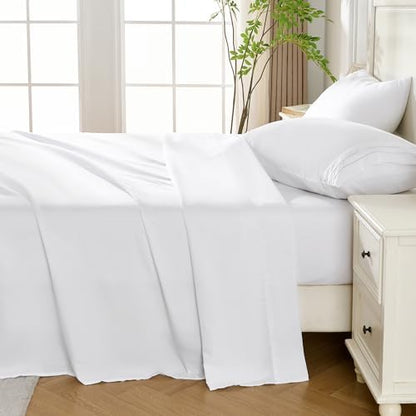 ROSE&RISY White King Sheet Set, 4 Pieces Soft Bedding King Sheet Set, Breathable and Cooling,Includes 1 x Fitted Sheet, 1 x Flat Sheet, 2 x Pillowcases - Deep Pocket (White, King)