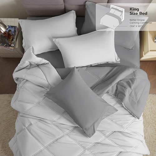 Joiedomi California King Comforter Set with Sheets Light Grey, 7 Pieces Bedding Set with 1 Down Alternative Comforter, 1 Flat Sheet, 1 Fitted Sheet, 2 Pillowcases and 2 Pillow Shams, Bed in a Bag