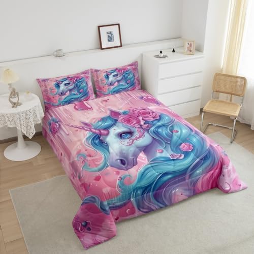 Castle Fairy Unicorn Comforter Sets Full Size Cartoon Unicorn Bedding Set for Kids Girls Boys Bedroom Soft Reversible Kawaii Rose Flower Pattern Cute All Season Quilt Set with 2 Pillowcases Pink Blue