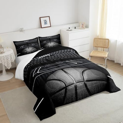Black Basketball Comforter Set Queen Size for Kids Boys,3D Basketball Court Quilt Set 3Pcs,Teens Child Room Decor Ball Sports Gaming Theme Bedding Set Modern Fashion Duvet Insert,2 Pillowcases