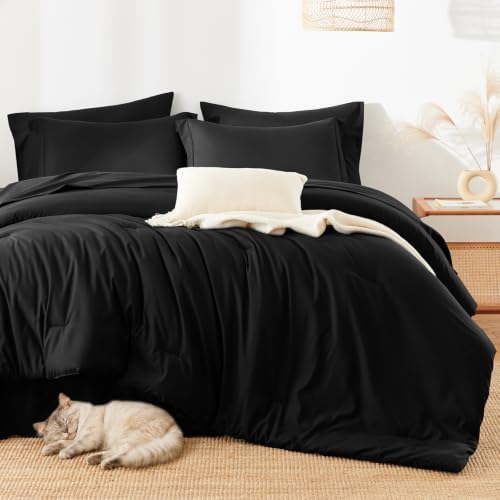 HIMEET Full Comforter Set, 7-Piece Point-Quilted Bed in a Bag, Black