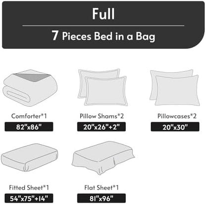 MUXHOMO 7 Pieces Full Comforter Set, Reversible Bed in a Bag Full Size, All Season Bedding Set with Comforter, Flat Sheet, Fitted Sheet, Pillowcases & Shams, Peacock Blue & Ivory