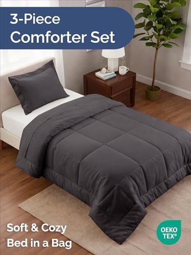 Twin Comforter Set - Dark Grey Bedding for All Seasons - 2 Piece Bed Set
