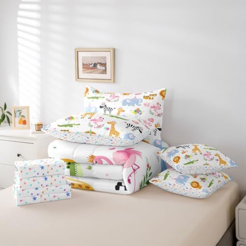 Erosebridal Party Animals 7 Piece Comforter Set Full for Nursery | Funny Cartoon Wild Animals Bedding Set Kids Boys Girls Flamingo Giraffe Elephant Zebra Crocodile Sheets Love Heart Floral Quilt