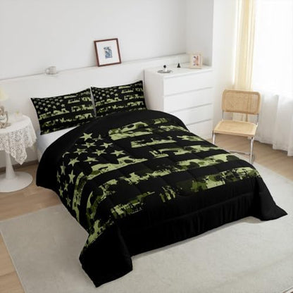 Erosebridal American Flag Bedding Set, Camouflage Comforter Set Twin for Kids Boys Teens Adult, USA Federations Stars Duvet Sets Geometric Stripes Camo Down Comforter for Bedroom Decor, Army Green
