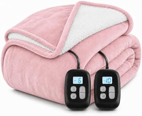 Electric Heated Blanket King Size 90" x 100", Soft Flannel for Bed, Couples, 10 Heat Settings, 1-12H Auto Shut Off, Dual Zone Controls, Overheat Protection, Machine Washable, Light Pink