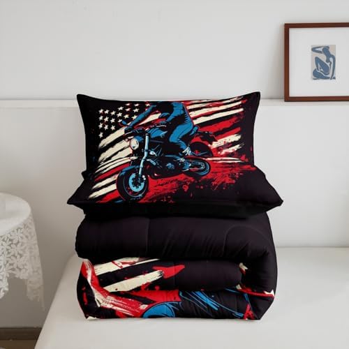 Feelyou Dirt Bike Comforter Set Queen Size Motorbike Bedding Set Ultra Soft Racing Motocross Rider Comforter for Kids Boys Girls Extreme Sports Duvet Quilt Bedroom Decor Racing Themed Quilt