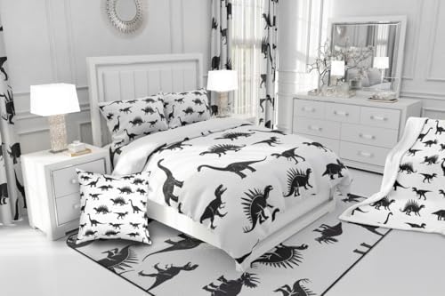 Erosebridal Dinosaur Down Comforter Dino Silhouettes Bedding Set King Size, Wildlife Animals Black White Comforter Sets for Kids Boys Teens Adult Bedroom, Dinosaurs Comforter with 2 Pillow Cases