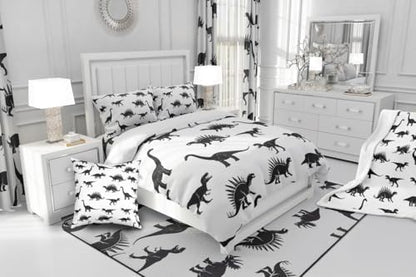 Erosebridal Dinosaur Comforter Set Dino Silhouettes Bedding Set Queen Size, Wildlife Animals Black White Duvet Sets for Kids Boys Teens Adult Bedroom Decor Dinosaurs Comforter with 2 Pillow Cases