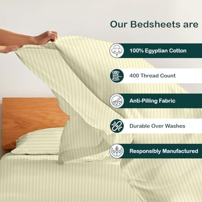 NON Sticky cotton California King 4 Piece Sheet Set, 100% Long Staple Cotton, Soft Cooling Hotel Luxury Bedding Sheets, Deep Pocket Fits 10" to 18" Mattress, 72" x 84", Ivory Stripe