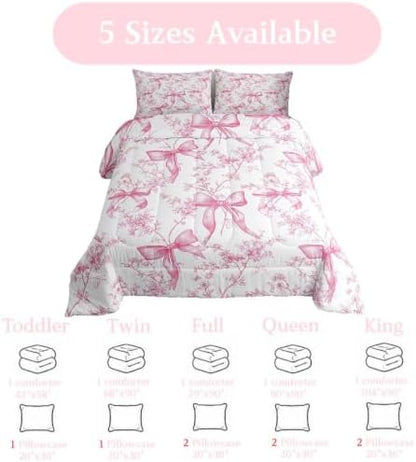 jejeloiu Bowknot Kids Comforter Set King Size Rose Bedding Set Pink Bow Duvet Quilt for Kids Boys Girls Bedroom Rose Floral Flower Decor Microfiber Ultra Soft Breathable