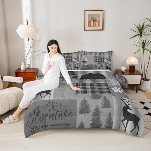Castle Fairy Deer Bear Quilt Set Full,Grey Geometric Plaid Patchwork Comforter Set for Kids Teens Girls Room Decor,Pine Animals Plants Bedding Set Vintage Outdoor Adventure Duvet Insert,2 Pillowcases