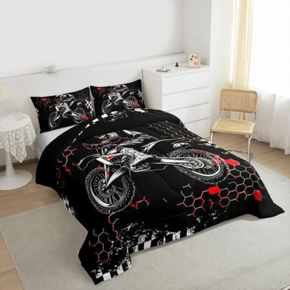 Castle Fairy Dirt Bike Twin Size Comforter Set for All Seasons,Extreme Sports Racing Car Bedding Set Teens Bedroom Decor,Red Geometric Honeycomb Comforter Inner Fill with 1 Pillowcase