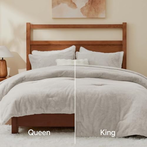 BEDELITE Faux Fur King Comforter Set Linen,Warm Bedding with 2 Pilowcases