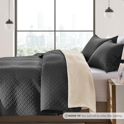 FLYMME Queen Quilt Bedding Set Black Lightweight Bedspreads Full Size,Soft Microfiber Bed Coverlet for All Season (1 Quilt, 2 Shams)