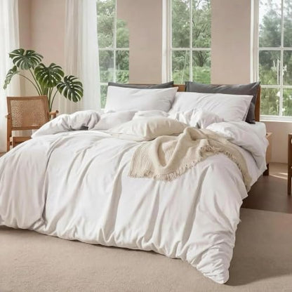 100% Pure Linen Blend 4 Piece Sheet Set, Cooling and Breathable Flax Bed Sheets for Hot Sleepers, All Season Comfort, Anti-Tear and Durable Bedding, 18 Inch Deep Pocket(White,Queen)