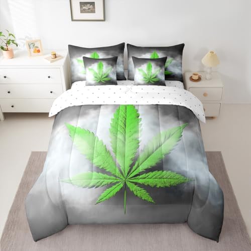 Erosebridal Leaves Comforter Set Leaf Bed in A Bag King Size 7 Pieces Botanical Plant Bed Set Room Decor Grey Grunge Style Bedding with Sheets