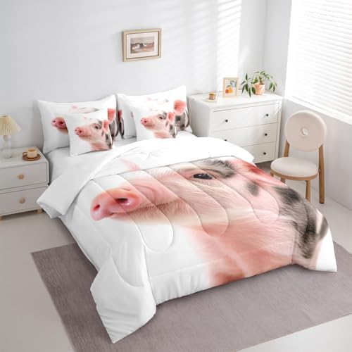 Erosebridal Pig 7 Piece Bedding Set Queen Cute Pet Comforter Set with Sheets Farmhouse Animal Bed in A Bag Kids Boys Girls Teens Bed Sets with 2 Pillowcases, 2 Throw Pillow Covers