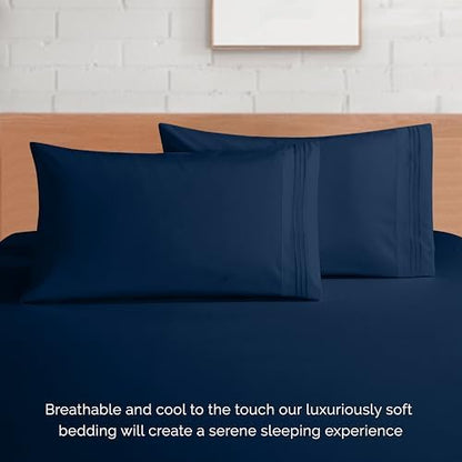 Elegant Comfort 4-Piece Bed Sheet Set - Luxury Bedding 1500 Premium Hotel Quality Microfiber, All Around Elastic 18-24 Inches Deep Fitted Sheet- Extra Deep Pocket Sheets, King, Navy Blue