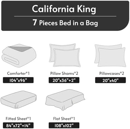 MUXHOMO 7 Pieces California King Comforter Set, Reversible Bed in a Bag Cal King Size, All Season Bedding Set with Comforter, Flat Sheet, Fitted Sheet, Pillowcases & Shams, Beige & Dark Linen