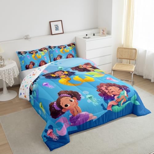 Homewish Black Girl Mermaid Comforter Set Full Size,Colorful Jellyfish Bedding Set 3Pcs,Cartoon Mermaid Quilt Set for Kids Teens Girls Room Decor,Cute Black Girls African Duvet Insert,2 Pillowcases