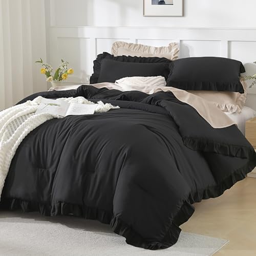 Andency Black Ruffle Comforter Oversized Queen, 3 Pcs Solid Farmhouse Bed