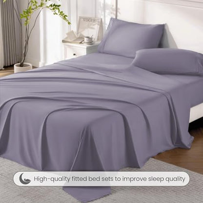 ROSE&RISY Light Lavender King Sheet Set, 4 Pieces Soft Bedding Queen Sheet Set, Breathable and Cooling,Includes 1 Fitted Sheet, 1 Flat Sheet, 2 Pillowcases - Deep Pocket (Light Lavender, Queen)