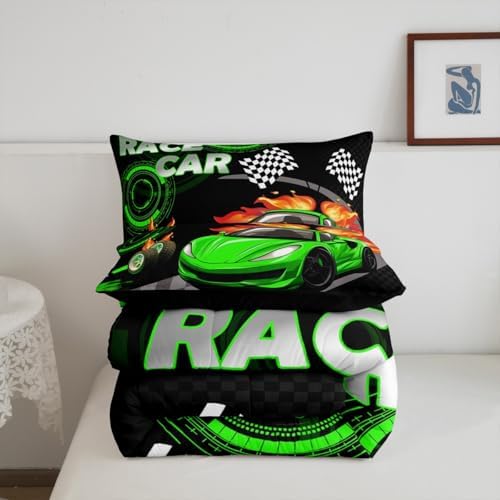 Feelyou Kids Green Race car Comforter Set Twin Size Boys Girls