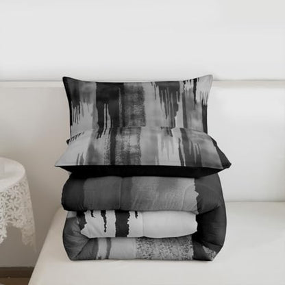 jejeloiu Black Gray Abstract Comforter Set All Season Modern Art Bedding Set with 2 Pillow Cases Splash Ink Abstract Microfiber Kids Full Bedclothes Luxury Bedroom Decor Duvet Quilt Breathable Soft