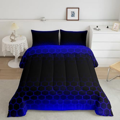 Blue Black Ombre Honeycomb Bedding Set King Size, Geometrics Hexagon Comforter Abstract Blue and Black Comforter Set for Kids Toddler Beehive Hexagon Duvet Set Durable Bed Set 3Pcs
