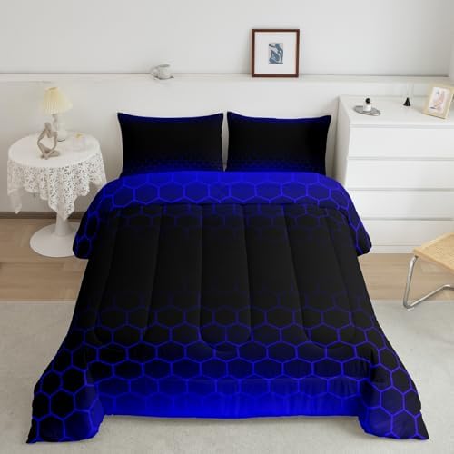Blue Black Ombre Honeycomb Bedding Set Queen Size, Geometrics Hexagon Comforter Abstract Blue and Black Comforter Set for Kids Toddler Beehive Hexagon Duvet Set Durable Bed Set 3Pcs