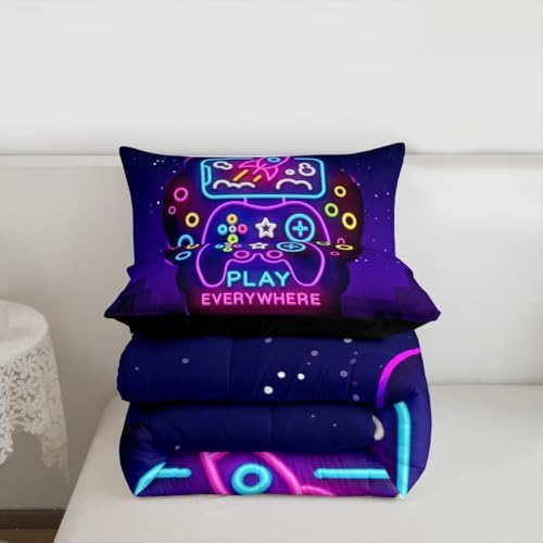 Erosebridal Gaming Queen Comforter Set Purple Gamepad Comforter for Kids Boys Girls Modern Gamer Bedding Sets Vintage Video Games Quilt for Bedroom Decor with Deep Pocket Gaming Quilted Duvet,3Pcs