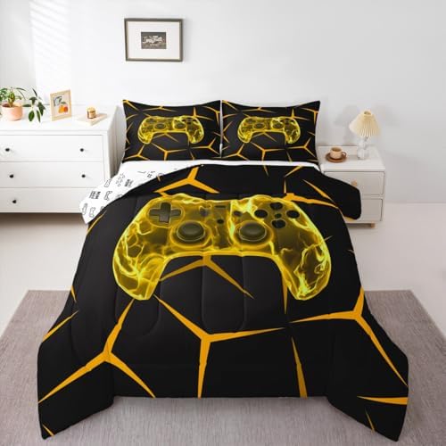 Castle Fairy Gamepad Comforter Set for Kids,Geometric Gaming Honeycomb Bedding Set Teens Boys Room Decor,Video Game Controller Yellow Comforter with 1 Pillowcase for All Seasons,Twin