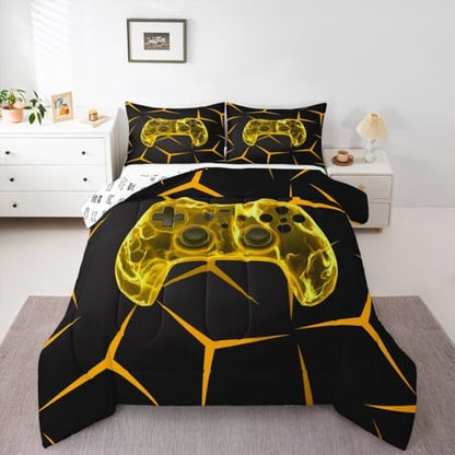 Castle Fairy Gamepad Comforter Set for Kids,Geometric Gaming Honeycomb Bedding Set Teens Boys Room Decor,Video Game Controller Yellow Comforter with 1 Pillowcase for All Seasons,Twin