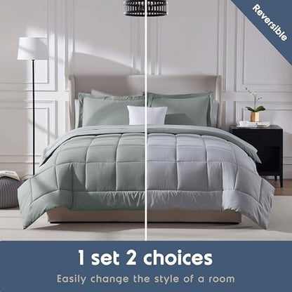 Nestl 9 Piece Queen Comforter Set – Sage Green Reversible Bed in a Bag – Complete Queen Size Bedding Set with Sheets, Set of 2 Cooling Pillows, Pillowcases and Shams