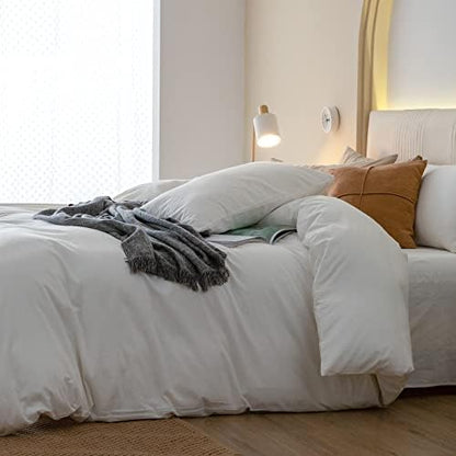 JIYUAN Oversized Queen Washed Cotton Duvet Cover Set Relaxed Linen Feel