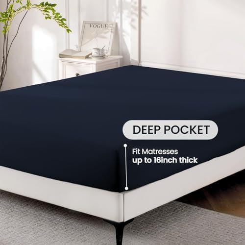 ROSE&RISY Navy Queen Sheet Set, 4 Pieces Soft Bedding King Sheet Set, Breathable and Cooling Sheet Bed Set, Includes 1 Fitted Sheet, 1 Flat Sheet, 2 Pillowcases - Deep Pocket (Navy, Queen Size)