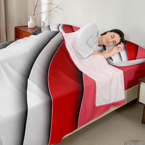 Feelyou Abstract Ombre Red Gray White Bed Sheets Men Adults Teens Ocean Waves Striped Sheet Set Kids Boys Girls Modern Gradient Contemporary Bed Set Bedroom Collection 4Pcs Full Size