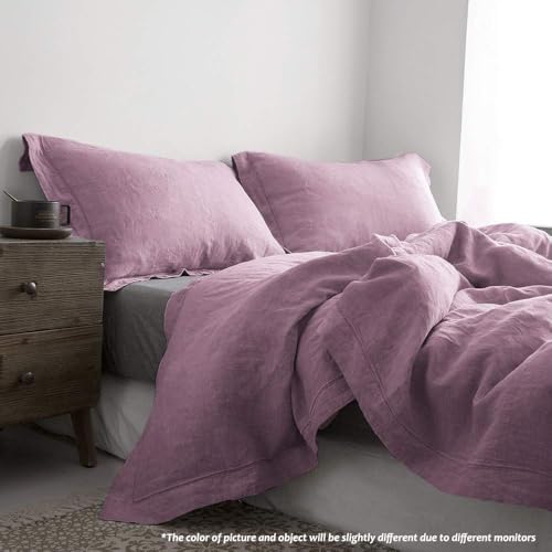 Simple&Opulence 100% Linen Duvet Cover Set with Embroidery Border Washed - 3 Pieces (1 Duvet Cover with 2 Pillow Shams) with Button Closure Soft Breathable Farmhouse - Purple, Queen Size