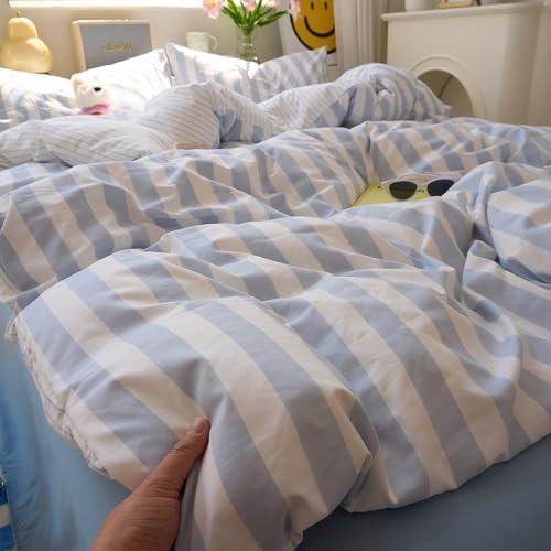 VM VOUGEMARKET Blue Striped Duvet Cover Twin Size Kids Boys Simple Bedding Set Blue White Stripes Duvet Cover with 2 Pillowcases Soft Lightweight Microfiber Farmhouse Comforter Cover-68 x86