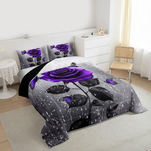 3D Rose Comforter Set Floral Print Bedding Set Romantic Flowers for Kids Boys Girls Children Teens Bedroom Decor Purple Rose Butterfly Duvet Set Full Size Quilt Set With 2 Pillow Case