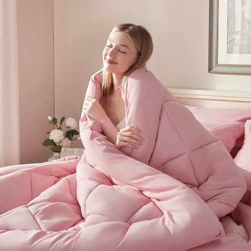 ELNIDO QUEEN® Full Size Comforter Set - 7 Pieces Bed in a Bag Full, Bed Set for All Seasons, Ultra Soft Blush Pink Bedding Sets with Comforter, Flat Sheet, Fitted Sheet, Pillowcases and Pillow Shams