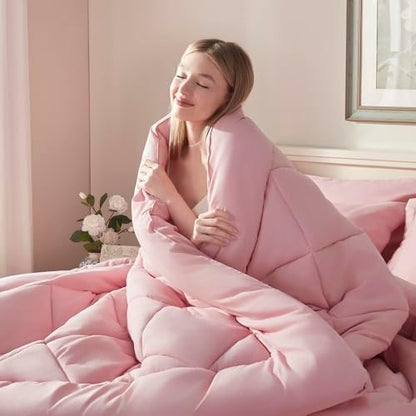 ELNIDO QUEEN® Full Size Comforter Set - 7 Pieces Bed in a Bag Full, Bed Set for All Seasons, Ultra Soft Blush Pink Bedding Sets with Comforter, Flat Sheet, Fitted Sheet, Pillowcases and Pillow Shams