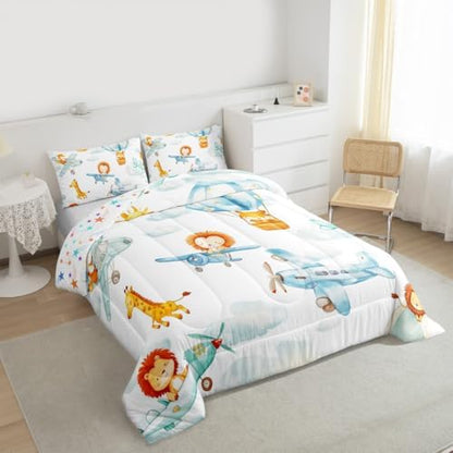 Erosebridal Cute Airplane Bedding Set Toddler, Cartoon Aircraft Comforter Set, Lovely Lion Giraffe Hamster Wild Animals Comforter, White Cloud Quilt for Boys Kids Girls Teens Adults Bedroom