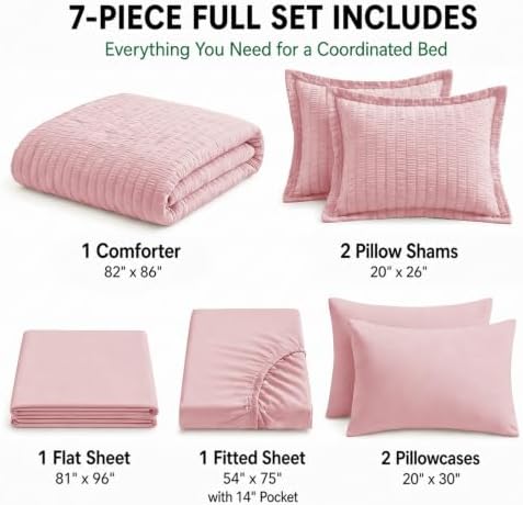 HIMEET Full Comforter Sets, 7-Piece Seersucker Bed in a Bag, Pink