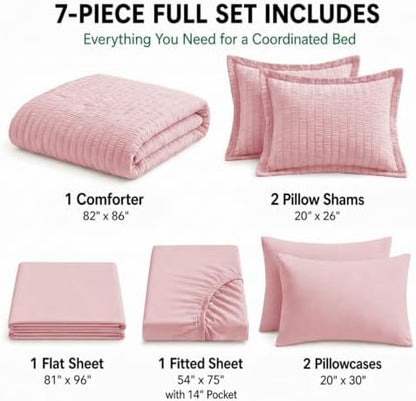 HIMEET Full Comforter Sets, 7-Piece Seersucker Bed in a Bag, Pink