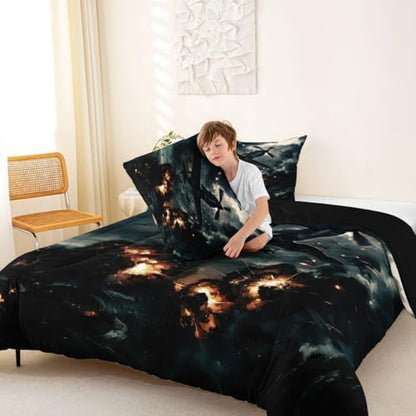 Erosebridal Vintage Fighter Airplane Bedding Set King Military Aircraft Comforter Set for Kids Boys Girls Realistic 3D Print Cloud Flame Aviation Down Comforter Plane Quilt Duvet