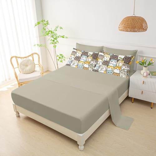 QOOMO Kawaii Cats 7 Pieces Comforter Set Queen Size,Cute Cats Bedding Set