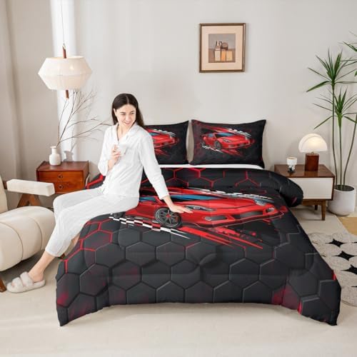 Sports Car Comforter Set Full,Red Race Car Extreme Sport Bedding Set 3pcs for Kids Teens Boys,Competitive Gaming Duvet Insert Set Black White Honeycomb Grid Quilted Duvet Set with 2 Pillowcases