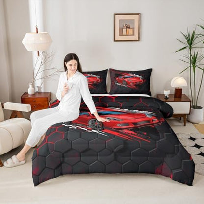 Sports Car Comforter Set Full,Red Race Car Extreme Sport Bedding Set 3pcs for Kids Teens Boys,Competitive Gaming Duvet Insert Set Black White Honeycomb Grid Quilted Duvet Set with 2 Pillowcases
